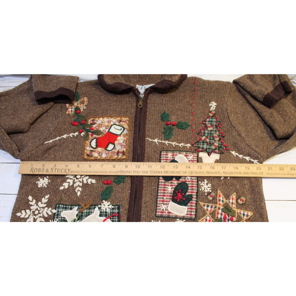 B.P.Design Vtg Wool Blend Women's M Brown Full-Zip Christmas Sweater Embroidered - Picture 10 of 13